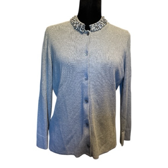 ANN TAYLOR Gray Embellished Collar Cardigan - Picture 3 of 12